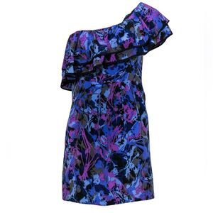 Yumi Kim Black & Purple One Shoulder 100% Silk Mini Dress W/ Flounce Hem Sz XS